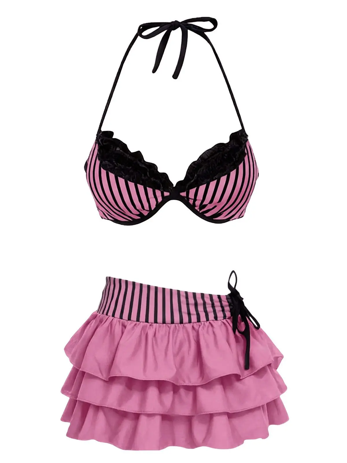 2PCS Grey Pink 1960s Striped Halter Bikini Set & Tiered Cover-Upvacation swimwear for women cute summer outfits