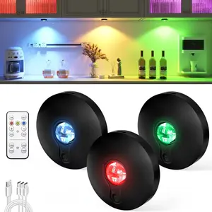 Rechargeable RGB Puck Lights With Remote Control, 2000mAh High Capacity Battery Operated, Dimmable Wireless LED Cabinet, Closet, Shelf, Kitchen Counter Lighting, Tap-On, Stick-On & Magnetic Mount, Home Decor, Under Cabinet Lighting