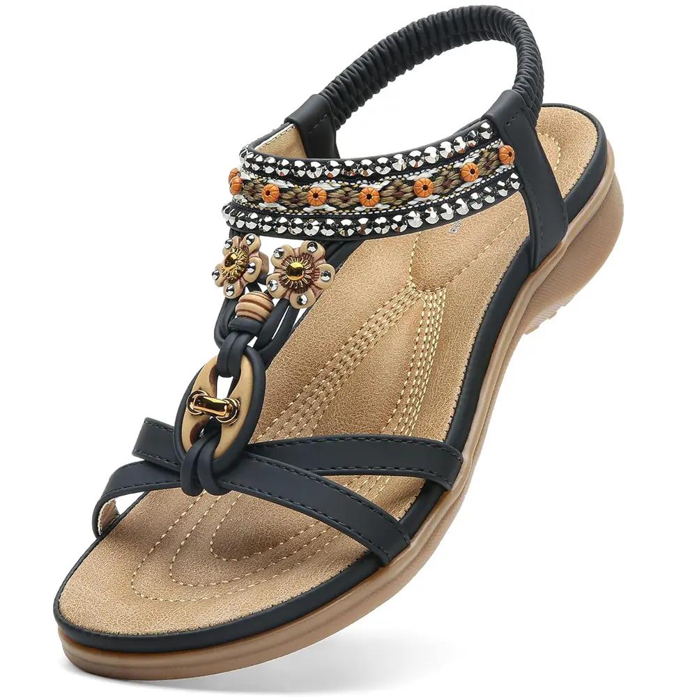Women's Beaded T-Strap Open-Toe Flat Summer Footwear, Elastic Slingback Lightweight Comfortable Walking Sandals for Beach, Vacation, Everyday Wear