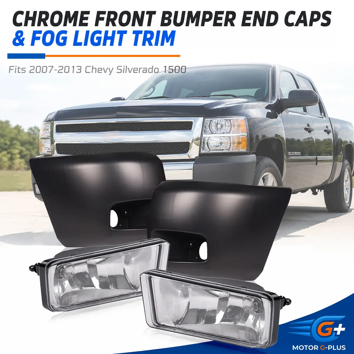 MOTOR GPLUS Front Bumper Fog Light & End Caps Replacement Kit - 1 Pair ABS Chrome Trim Auxiliary Light, Stable, Durable, Quick Install for 07-13 Silverado, Tahoe, Suburban Car Exterior Accessory (Father's Day Gift)