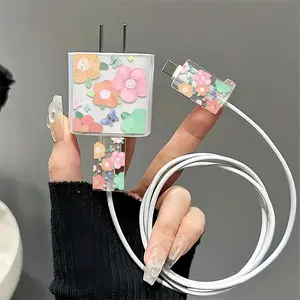 Flower Pattern Charger & Data Cable Protective Case, 3 Counts/set Transparent Charger & Data Cable Protector, Phone Accessories for iPhone 18W/20W Charger