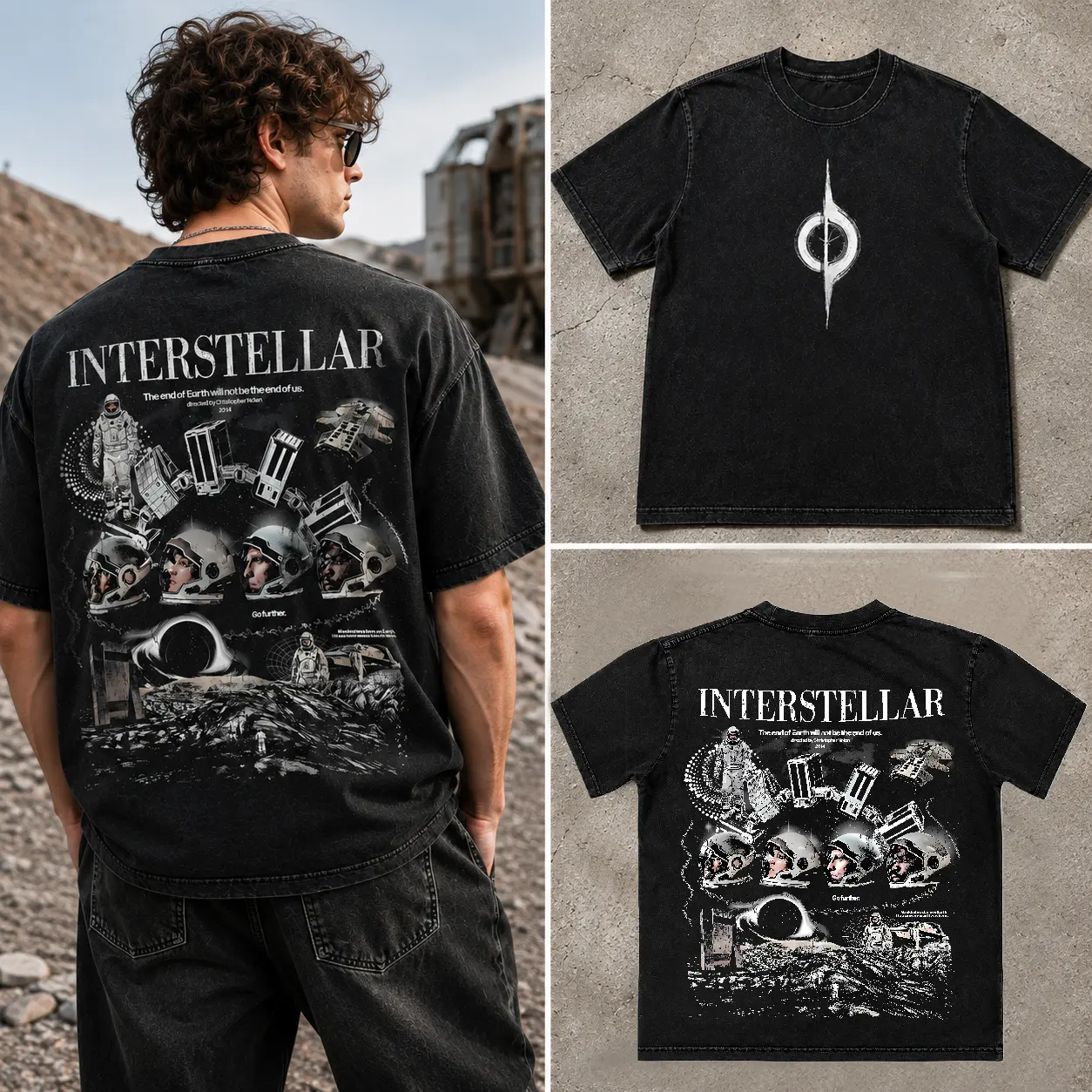 Interstellar Space Movie Graphic Washed T-Shirt Menswear, Black Sci-Fi Streetwear Tee for Casual Outfits