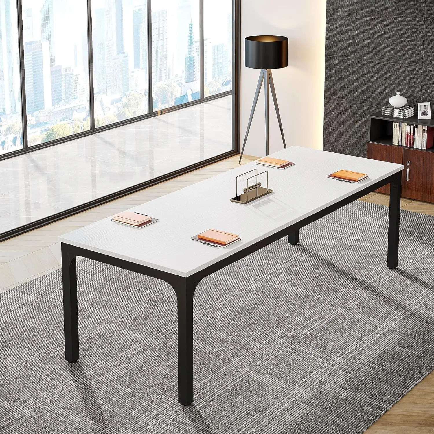 LustreC Iron Conference Table - 6.5 ft (78.74 in Wide, 27.55 in Long) Rectangle Shape, White+Black, Wear Resistant, Large for 6-8 People, Suitable for Events (Only Table, Includes Floor Mats), 78.74 Inches Wide