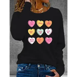 2026 New Valentine's Day Heart Print Women's Long Sleeve Crew Neck Casual Top, Machine Washable, All-season Wear, Loose Fit, Silky Fabric, for Home Leisure Daily Use
