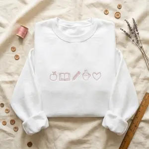 Embroidered Teacher Life Crewneck Sweatshirt with Cute Teacher Icons| Perfect Personalized Gift For Teachers Week | Teacher Life Top Gemma