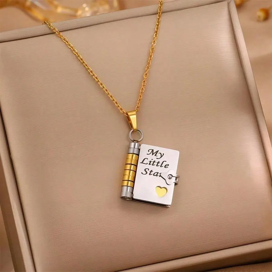 Gold Charm Book Locket Necklace for Daughter, Engraved with "My Little Star", Openable 6-Page Pendant, Birthday Day Gift, Charms Necklace, Engraving, Charm Necklaces, Elegant