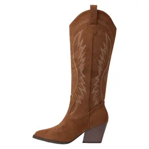 Women's retro western cowboy boots embroidered pointed toe thick heel high boots