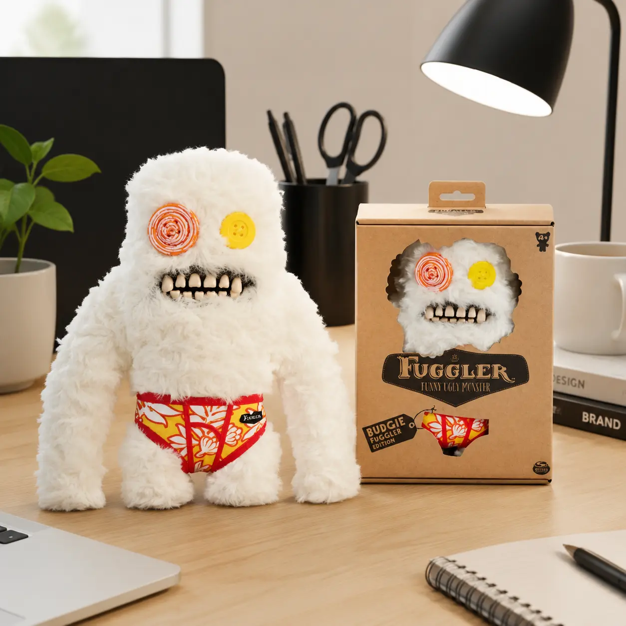 Funny Ugly Monster Plush Toy with Realistic Teeth – White Fuzzy Creature Plushie in Tropical Underwear, Odd Weird Desk Decor, Gag Gift for Friends & Plush Collectors