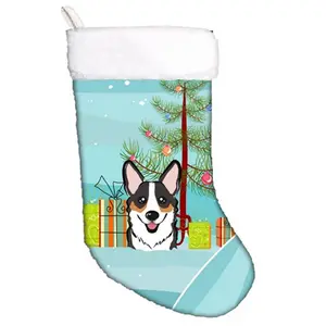 212 MAIN Christmas Stocking, 18x11in Suede-Feel Machine-Washable Ornament, Adorned with Christmas Tree & Tricolor Corgi Artwork, Ideal for Festive Home Decor & Holiday Decorations, Christmas Decorations