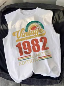 Men's Regular Fit 1982 Print Round Neck Tank Top, Casual Comfy Sleeveless Top for Summer, Men's Clothes for Daily Wear, Socks