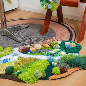 Handmade 3D Moss Rug: Plush Crochet, Earth Landscape (3.3x2.3 ft)