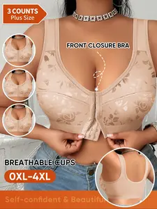 Women's Full Coverage Unlined Wireless Bra Set, Large Size Soft Breathable Underwear, Casual Plain Design, All Seasons Comfort