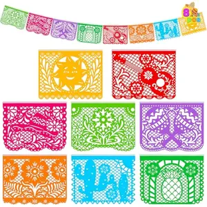 Mexican 18 Feet Party Banner, Plastic Fiesta Banner with 8 Multicolor Plastic Flags per Banner Cinco de Mayo Decor Day of The Dead Papel Picado Decorations, Garland for Mexican Party Supplies