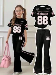 Teen Girls Casual Outfit Set Loose Fit Round Neck Short Sleeve T-Shirt and Bell Bottom Pants Set, Unique 88 Jersey Print, Sporty, Athletic, and, Fall Fashion