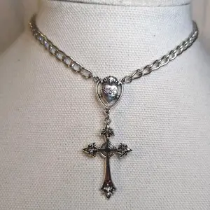 Rosary Style Barbed Wire Heart And Cross Chain Choker Necklace