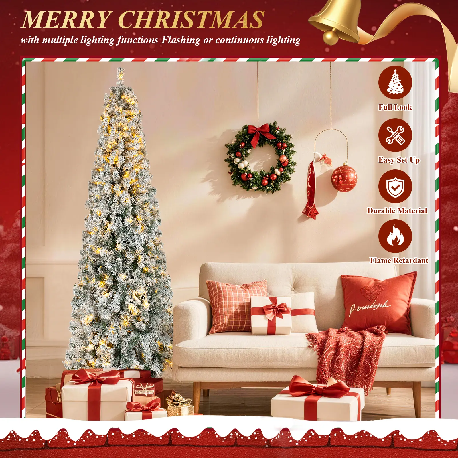 Lubrew 6.5FT Pre-Lit Snow Flocked Thin Pencil Christmas Tree, 250 Multicolor LED Lights, 775 Flocked Branch Tips, Metal Hinges & Sturdy Base, for Home Office Party Xmas Decor