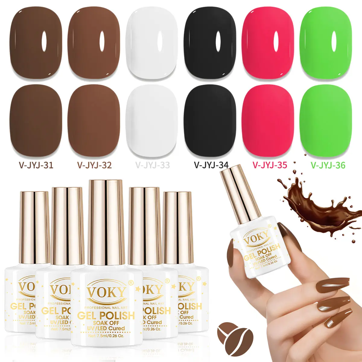 VOKY 6-Pack Gel Nail Polish Set V-JYJ-31-36 - Mocha Coffee & Color Pop Collection, Nail Supplies, Brown, Black, White, Pink, Green, Matte & Glossy Finish, UV LED Soak Off Color Block French Tip Kit, Long Lasting, High Pigment, DIY Manicure Gift, Manicure,