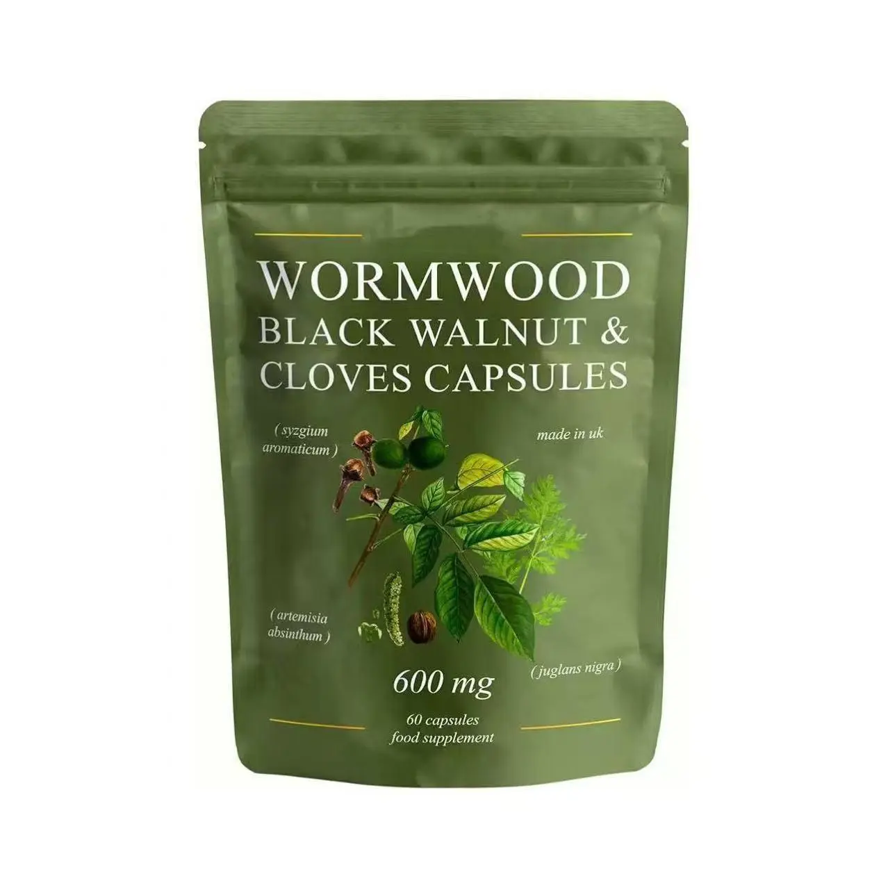 Wormwood, Black Walnut & Clove Herbal Botanical Capsules - 600mg Vegan Daily Food Supplement, 60 Count