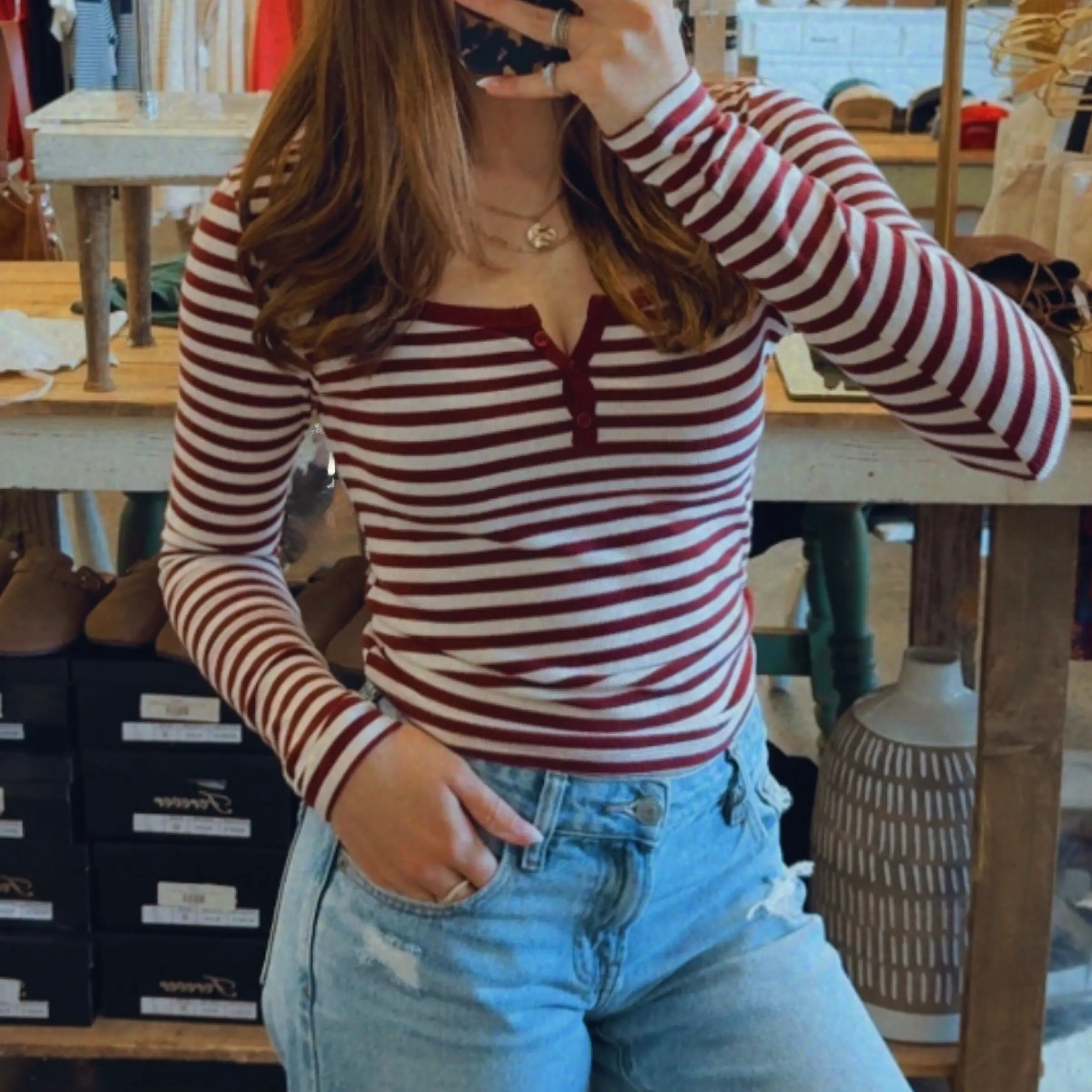 Briar Long Sleeve Striped Henley Top Burgundy