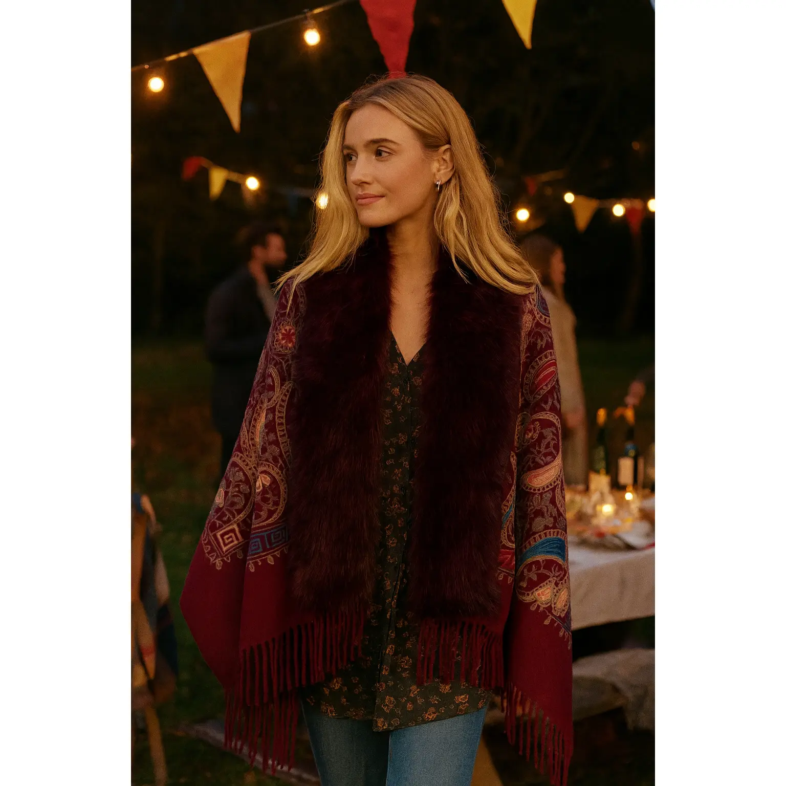 Embroidered Baroque Paisley Faux Fur Edge Scarf