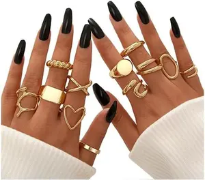 Yekilus 12PCS Gold Stackable Rings Set for Women, 14K Gold Plated Open Stacking Knuckle Ring, Adjustable Chunky Signet Rings for Gift