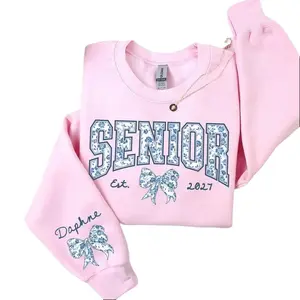 (Leave a note) Custom Senior Sweatshirt Class of 2027, Coquette Senior Hoodie, Blue Floral Toile Aesthetic Graduation Sweatshirt, Name Sleeve, Est Year