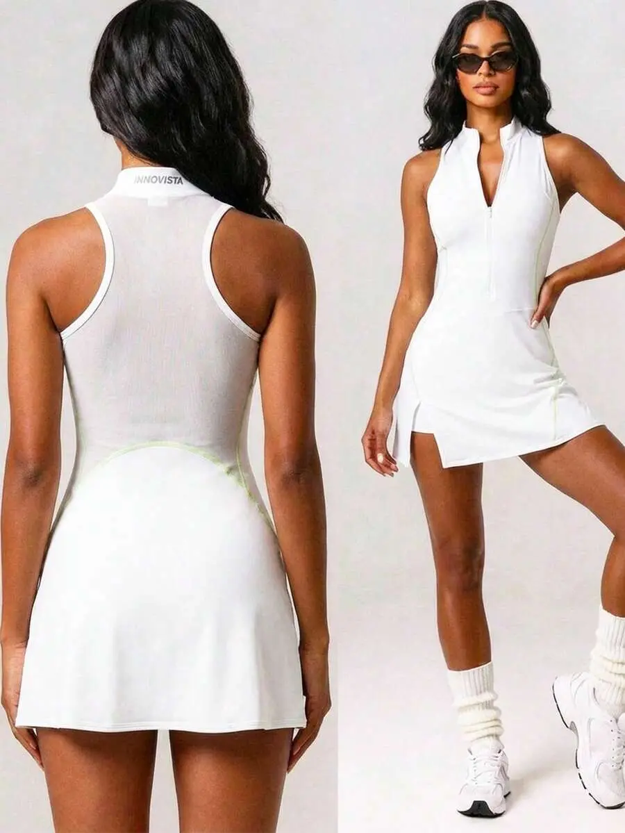 EGRILLES Women's Solid Color Stand Collar Zipper Half-Placket Sports Dress And Shorts Set White Tennis Dress Workout Bodysuit Athletic Shorts Tennis Outfit Women 2 Pieces Compression Bodysuit Women Active Wear Women's Summer 2 Pieces Sets Women's Summer