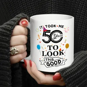 1pc 11oz Ceramic Coffee Mug - "It Took Me 50 Years to Look This Good" Funny 50th Birthday Gift with Colorful Party Design, C-Handle for Hot & Cold Drinks, Holiday & New Year Gifts for Women/Men, Hot Cold Beverages| Celebratory Graphics| Sturdy Ceramic, Co