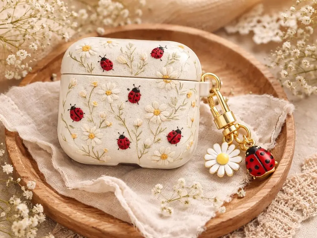 2D Printing Embroidered Daisy Ladybug AirPods Case, Floral Cottagecore Cover for Airpod Gen 1 2 3 4 Pro, Cute Spring Aesthetic Gift No charm