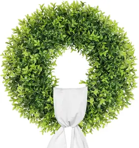 22 Inch Artificial Boxwood Wreaths for Front Door, Summer Door Wreath with Sash, Spring Green Wreath Weatherproof for Wall Window Porch Farmhouse Wedding Decor All Year round Indoor Outdoor