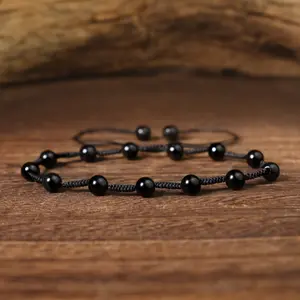 Natural Black Obsidian Anklet, Anti-Swelling Ankle Bracelet for Women Men Onyx Healing Therapy Anxiety Relief Yoga Beads Adjustable Braided Anklet Jewelry