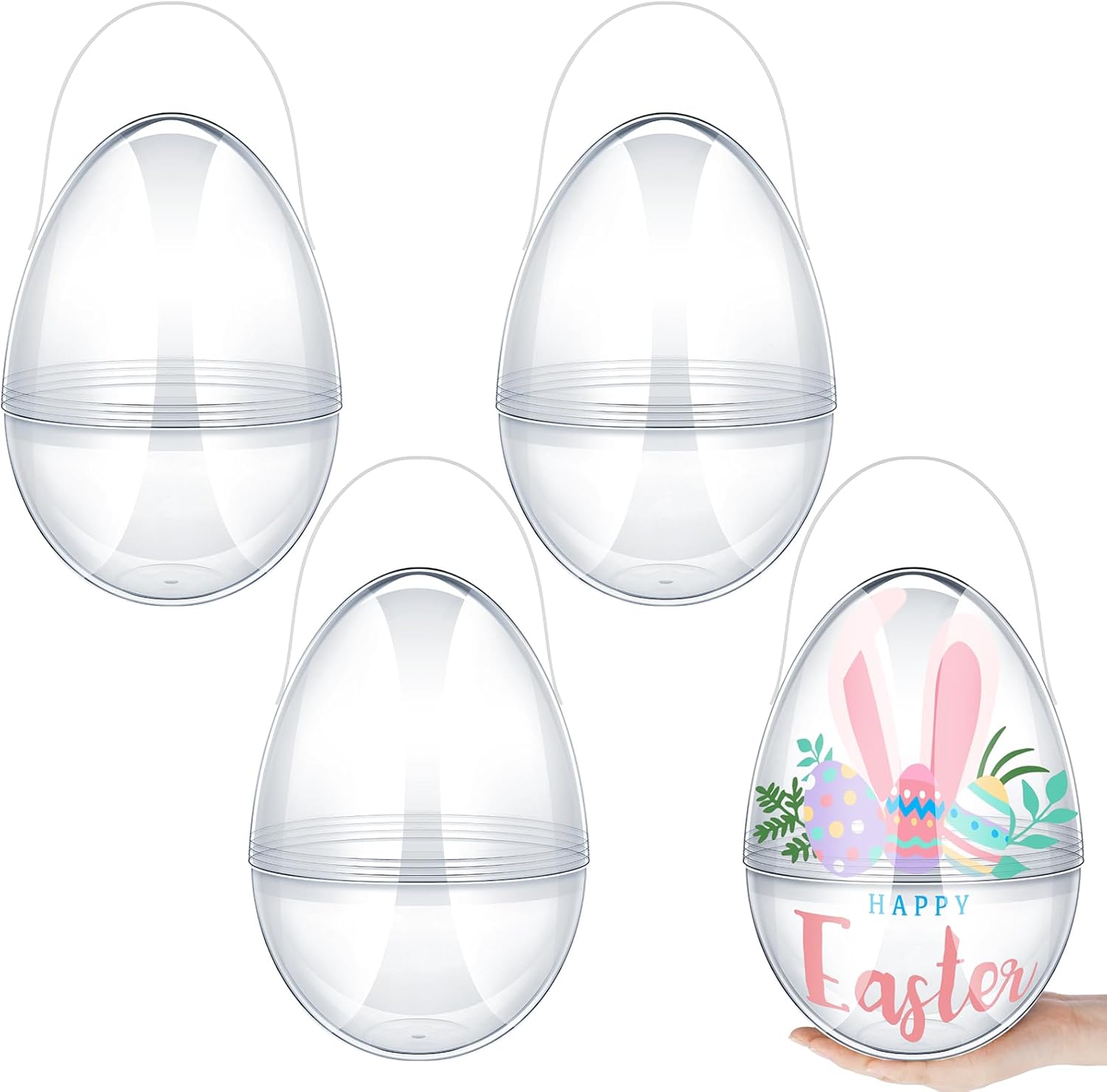 4/8 Pcs Jumbo Easter Eggs 10 Inch Plastic Giant Easter Eggs with Handle Clear Large Baskets for Egg Hunt,Easter Gift buckets for Student Adult Office Employee Coworker,Outdoor Church School Classroom Decorations,Spring Birthday Party Supplies