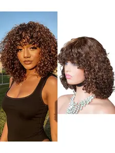 Women's Curly Short Bobo Wig with Bangs, 100% Premium Human Hair, 200% Density, 12 Inches Natural Look, Multiple Colors Available, 200g