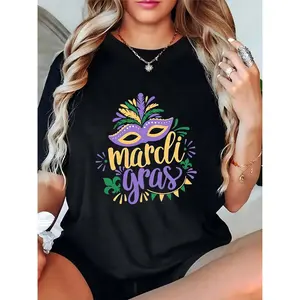 Women's Mardi Gras T-Shirt with Mask Feathers Fleur-de-Lis Graphic, Casual Short Sleeve Tee for Mardi Gras Party Festival Streetwear 100% Cotton T-shirt