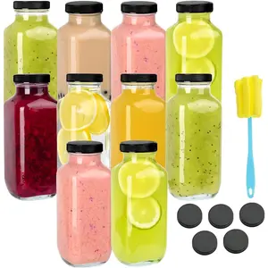 10 Pack 16oz Glass Juice Bottles with Lids Reusable Juicing Bottles Glass Drinking Jars Containers with Airtight Lids & Cleaning Brush Perfect for Juicing Milk Kombucha and Storage