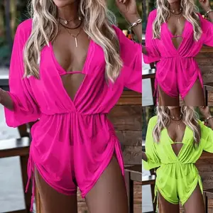Three-Piece Set Women's Triangle Swimsuit Sets, Solid Sheer Drawstring Deep V Neck Cover Up Romper & Thong & Halter Push Up Bra Bikini Set for Women, Swimsuit for Women