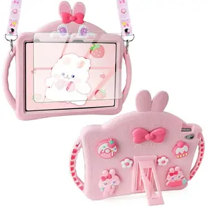 for iPad 10th Gen 11th Gen 2022 2025 10.9 Inch Case with Screen Protector Shoulder Strap Handle Cute Rabbit Soft Silicone Tablet Cover-Pink Portable Wireless Screen Protection for Girls