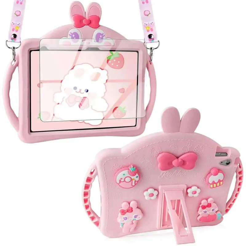 Durable Cartoon Cute Bunny Soft Silicone Tablet Cover for 10.9in iPad 10th Gen (2022,A2757) & 11th Gen (2025), Foldable Handle, Adjustable Shoulder Strap, Tempered Screen Protector, Portable Wireless Accessories for Girls