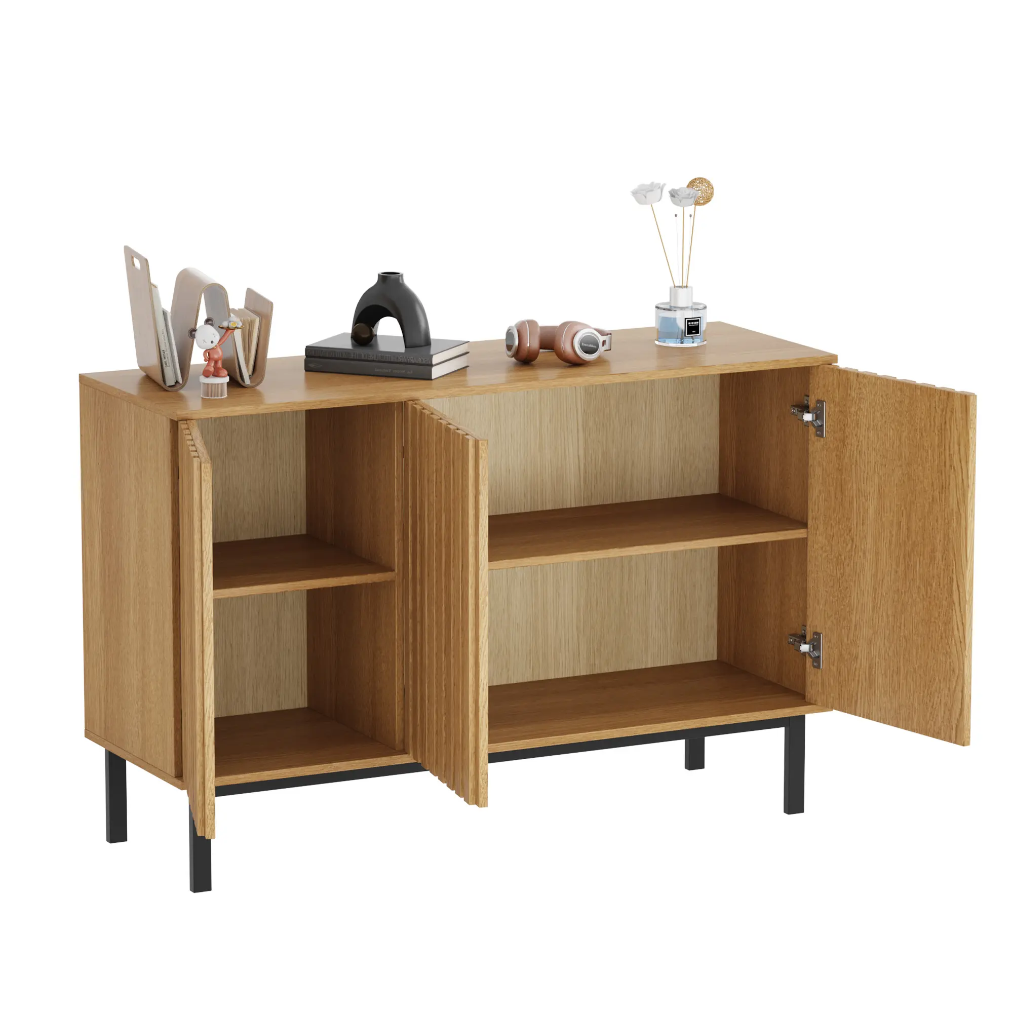 Gaomon Rectangular Single Unit Engineered Wood Sideboard Buffet Cabinet - Credenza with 3 Fluted Panel Waveform Doors, Adjustable Shelves, Metal Legs, Reinforced Frame, Assembly Required, Home Storage Tea & Coffee Bar Organizer