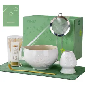 Matcha Whisk Set, Ceramic Matcha Kit Includes Matcha Bowl, Bamboo Whisk and Scoop, Chasen Holder, 304 Sifter and Tea Mat - 6Pcs Matcha Kit for Matcha Lovers (White)