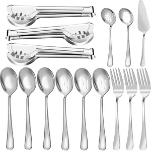 [Summervibes] 15 Pcs Stainless Steel Large Flatware Serving Utensils Set,Included Spoons,Forks,Tongs,Slotted Spoon,Ladle,Cake Server for Kitchen Catering Banquet Wedding Buffet Party,Hand Tools Kits