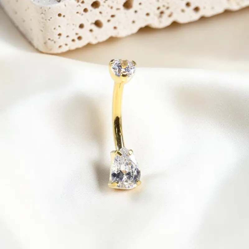 Gold-Titanium Dainty Teardrop Gem Belly Button Piercing Ring