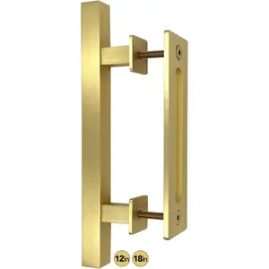 12-Inch Brushed Brass Vintage Gold Barn Door Handle Kit Closet Door Handle Stainless Steel Pull Handle Flush Handle Set Large Sliding Door Handles (1-Pack, 12")