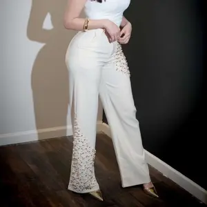 Elegant White High-Waisted Pants with Beaded Detailing for Women's Fashion