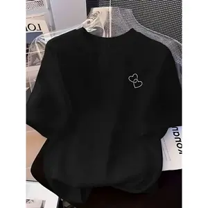 Women's Cotton Short-Sleeve T-Shirt - Y2K Geometric Pattern, Heart Print, Loose Round Neck, All Seasons Wear, Casual Street Chic Versatile Top