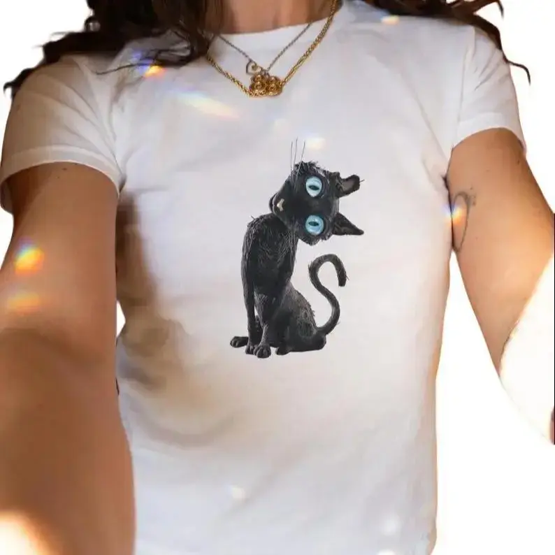 Black Cat Baby Tee, Y2K Womens Fitted Tshirts, Coraline Tshirt, Retro Shirt, Vintage Movie Tops, Cute Film Tshirt, Gift for Cat Lovers