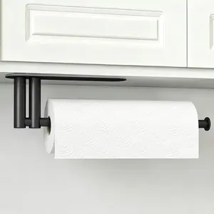Paper Towel Holder Under Cabinet, Upgraded Dual-Rod Adhesive Paper Towel Holder with Longer Base, Stainless Steel Wall Mounted Holder for Kitchen Towels, No Drill, Black