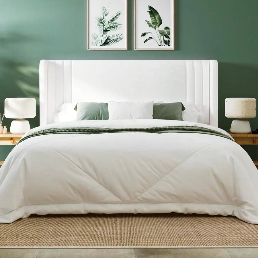Vertical Tufted Wingback Headboard with Platform Frame - King/Queen Size, Under Storage, Heavy Duty, No Box Spring Needed, Easy Setup & Assembly, Modern Bedroom Furniture (White Velvet, Black Faux Leather), Velvet Iron