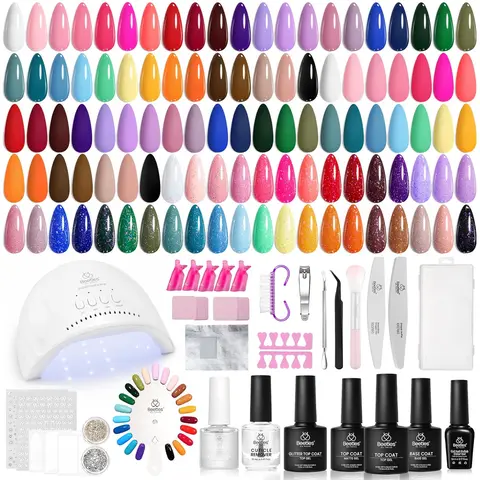 Beetles All-in-1 Gel Nail Polish Set with UV Light - 35 Colors, Base Coat, Matte-Glossy Top Coat, Plastic Cuticle Remover with Handle, Nail Care Salon Tools for Flawless French Tip, Emotional Spectrum Glitter Designs - Peel-Resistant Women’s Gift