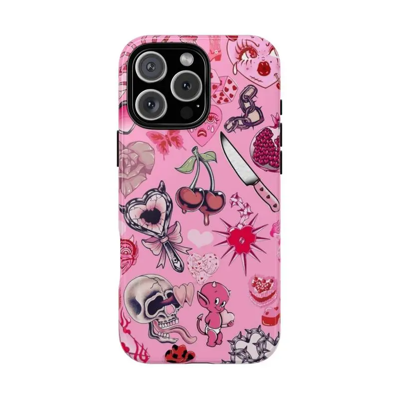 Pink Y2K Aesthetic Devil Heart Phone Case – Trendy Emo Vibe Phone Case , Spooky Fall, Halloween GiftSuitable for iPhone 17-11 Pro Max/Plus and  Samsung Galaxy S23-25